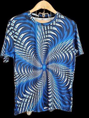 NWoT 3D Abstract Geometric Vortex Graphic Tee Blue White Black Crew Neck